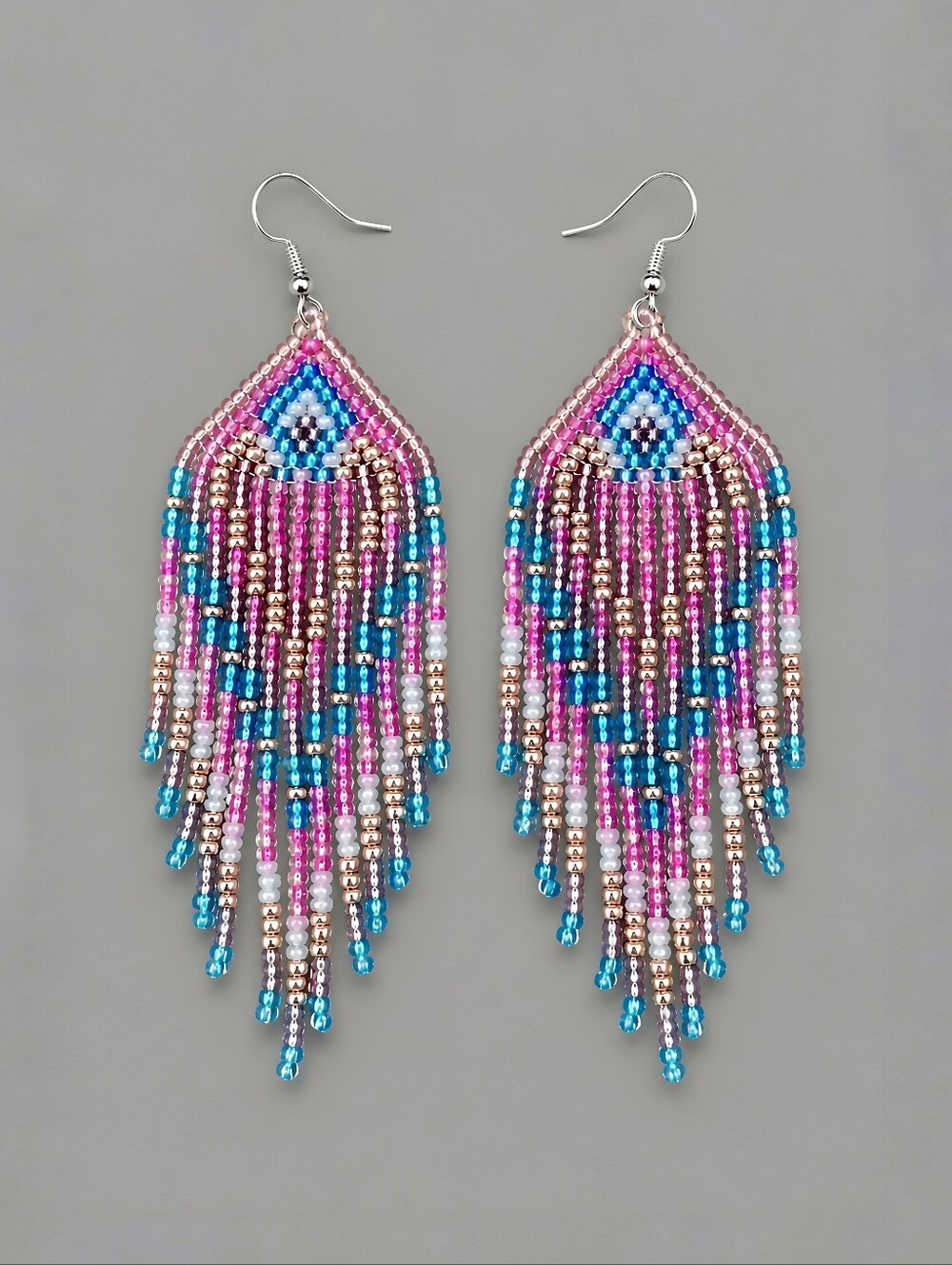 Yaz Geo Beaded Fringe Earrings Handmade Southwestern - Pink Blue